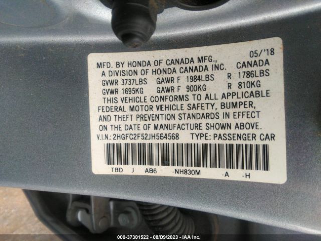 2HGFC2F52JH564568 Honda Civic Sedan Lx
