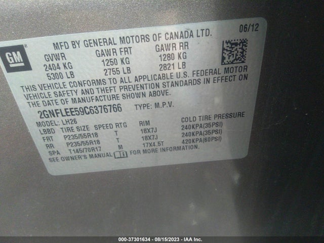 2012 CHEVROLET EQUINOX 1LT VIN: 2GNFLEE59C6376766