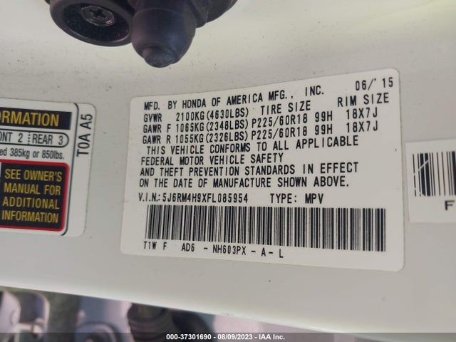 Honda Cr-v Touring 2015 5J6RM4H9XFL085954 Image 9