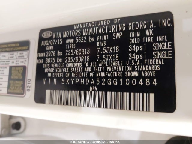 2016 KIA SORENTO 3.3L EX VIN: 5XYPHDA52GG100484