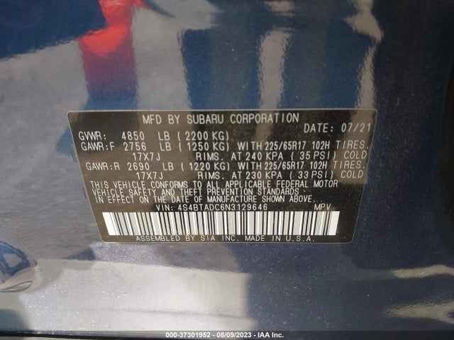 2022 SUBARU OUTBACK PREMIUM VIN: 4S4BTADC6N3129646
