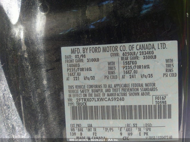 1998 FORD F-150 XL/XLT/LARIAT VIN: 2FTRX07LXWCA59240
