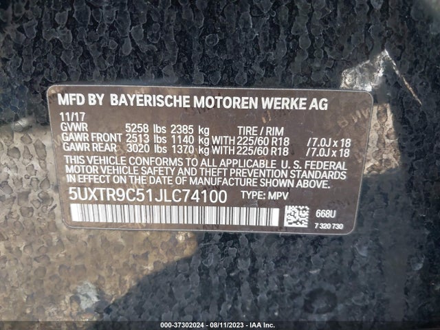 2018 BMW X3 XDRIVE30I VIN: 5UXTR9C51JLC74100