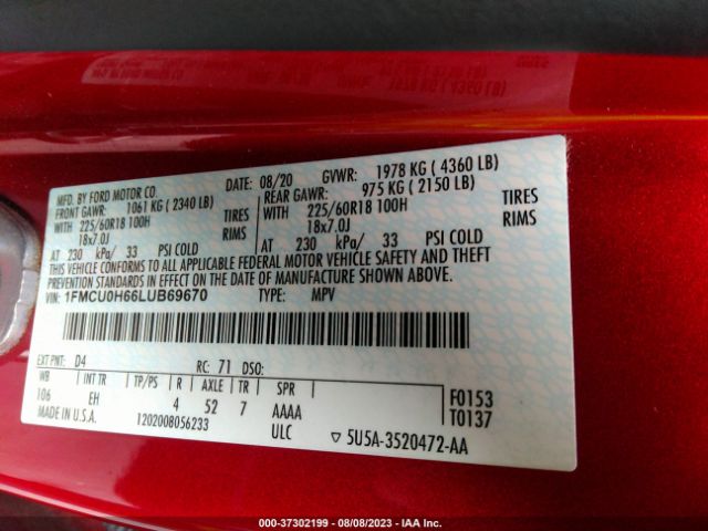 1FMCU0H66LUB69670 Ford ESCAPE SEL