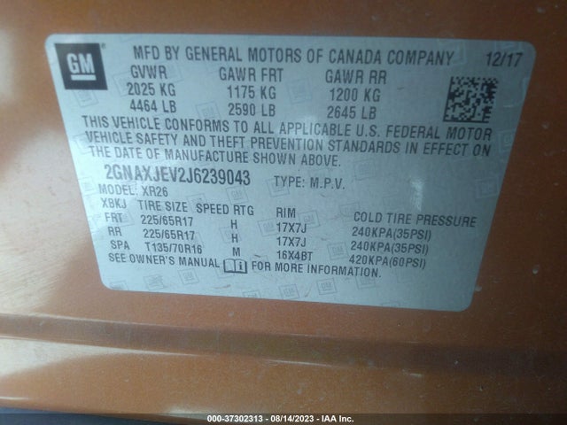 Chevrolet EQUINOX LT 2018 2GNAXJEV2J6239043 Image 9