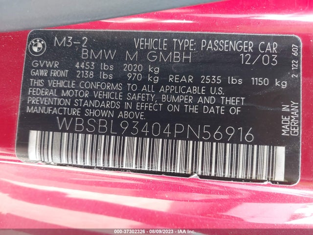 2004 BMW 3 SERIES M3 VIN: WBSBL93404PN56916