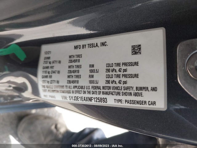 5YJ3E1EAXNF125893 Tesla MODEL 3