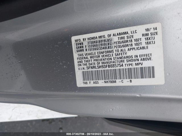 Honda Odyssey Touring 2015 5FNRL5H93FB035754 Image 9