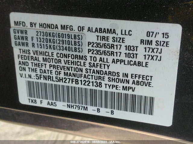 Honda ODYSSEY LX 2015 5FNRL5H27FB122138 Image 9
