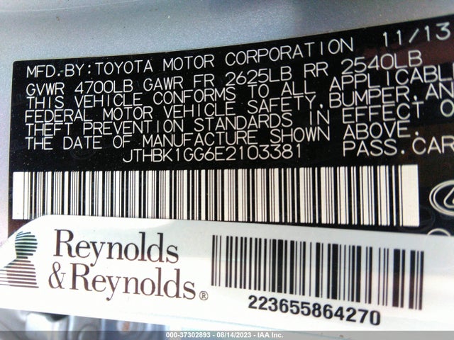 2014 Lexus Es 350 მანქანა იყიდება აუქციონზე, vin: JTHBK1GG6E2103381, აუქციონის ნომერი: 37302893