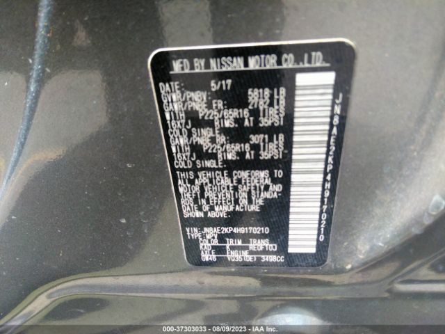 JN8AE2KP4H9170210 Nissan Quest Sv