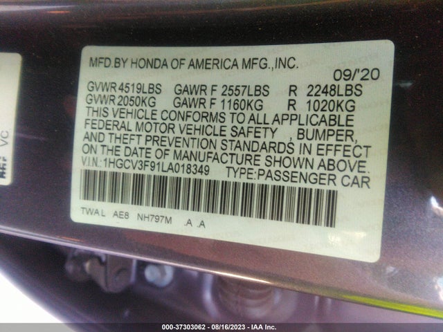 2020 HONDA ACCORD HYBRID TOURING VIN: 1HGCV3F91LA018349