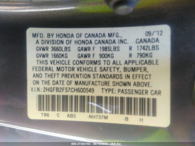 2012 HONDA CIVIC SDN LX VIN: 2HGFB2F57CH600549