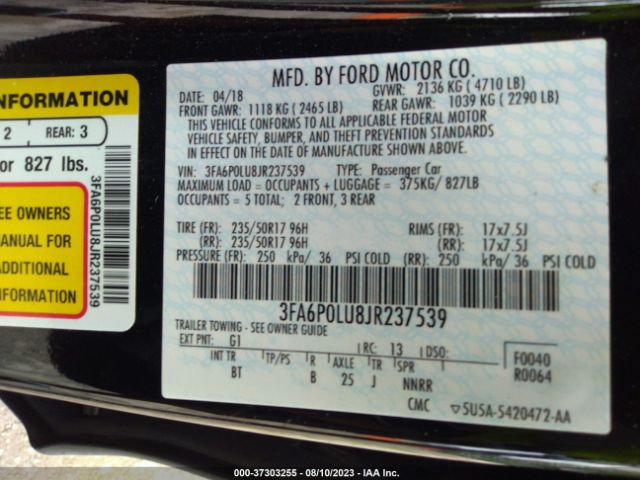 3FA6P0LU8JR237539 Ford Fusion Hybrid Se