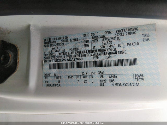 2010 FORD ECONOLINE CARGO VAN COMMERCIAL/RECREATIONAL VIN: 1FTNE2EW7ADA27660