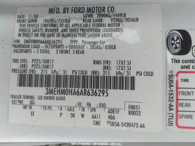 2010 MERCURY MILAN VIN: 3MEHM0HA6AR636295