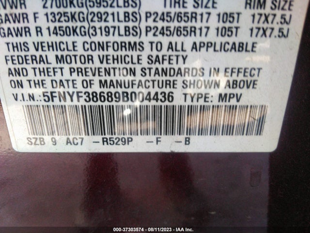 2009 HONDA PILOT EX-L W/RES VIN: 5FNYF38689B004436