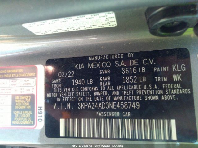 3KPA24AD3NE458749 KIA RIO S