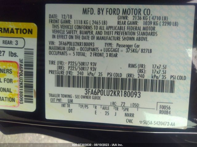 3FA6P0LU2KR180093 Ford Fusion Hybrid Se