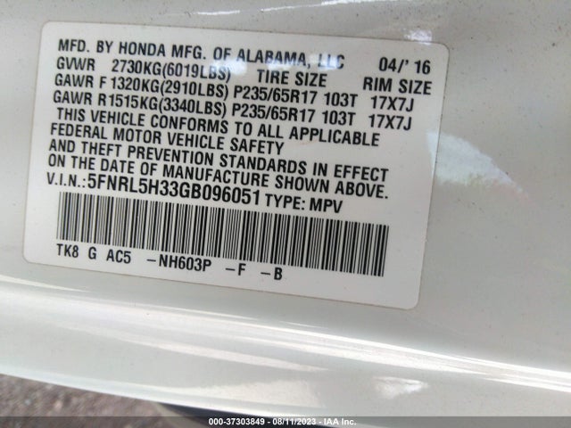 Honda ODYSSEY SE 2016 5FNRL5H33GB096051 Image 9