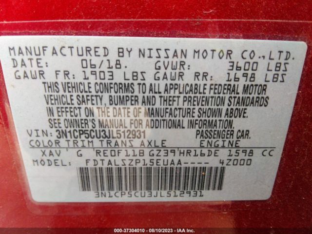3N1CP5CU3JL512931 Nissan KICKS SV