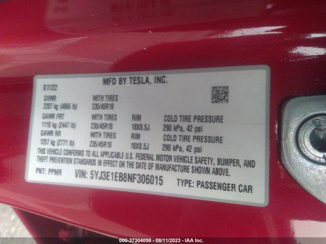 5YJ3E1EB8NF306015 Tesla Model 3 Long Range