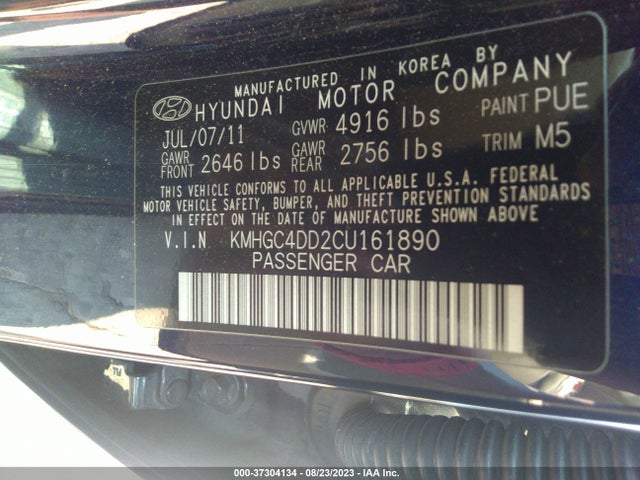 2012 HYUNDAI GENESIS 3.8L VIN: KMHGC4DD2CU161890