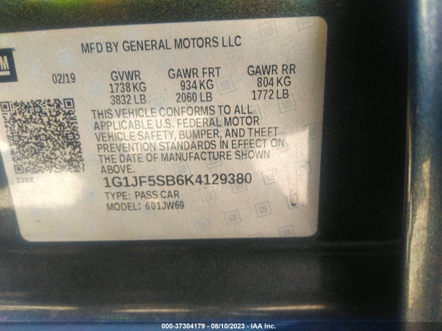 Chevrolet Sonic Premier 2019 1G1JF5SB6K4129380 Image 9