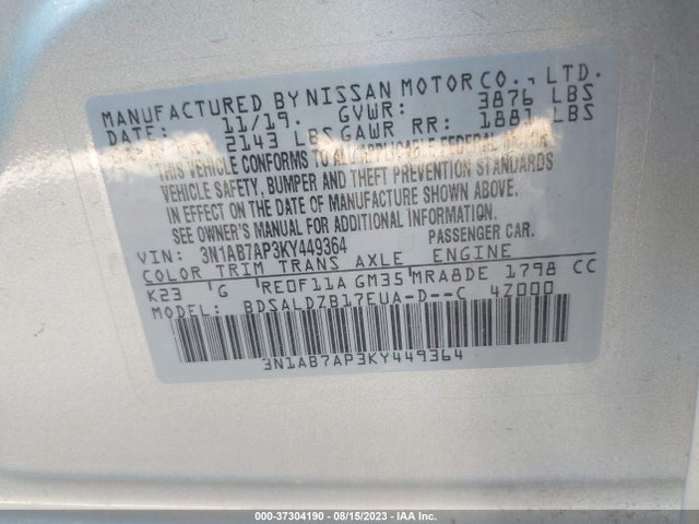 Nissan SENTRA SV 2019 3N1AB7AP3KY449364 Image 9