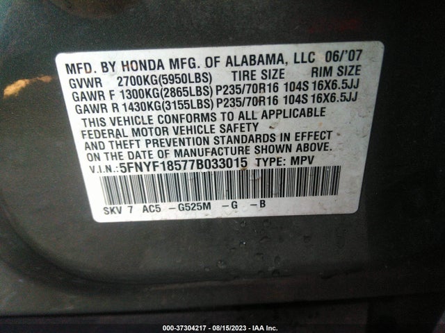 2007 HONDA PILOT EX-L VIN: 5FNYF18577B033015