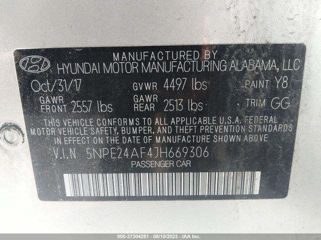 2018 HYUNDAI SONATA SE VIN: 5NPE24AF4JH669306