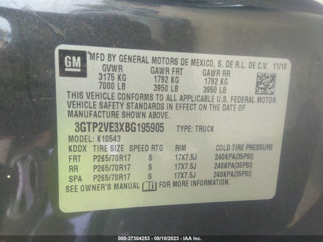 2011 GMC SIERRA 1500 SLE VIN: 3GTP2VE3XBG195905