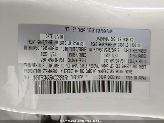 2010 MAZDA CX-9 TOURING VIN: JM3TB2MA5A0233161