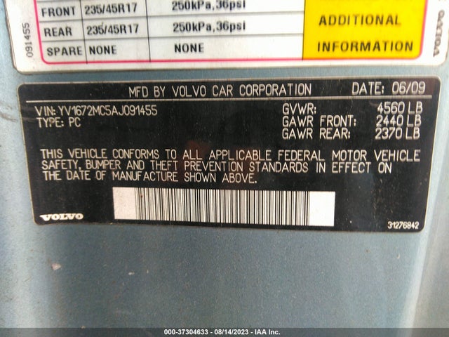 2010 VOLVO C70 VIN: YV1672MC5AJ091455