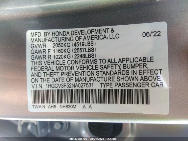 1HGCV3F52NA027531 Honda Accord Hybrid Ex-l