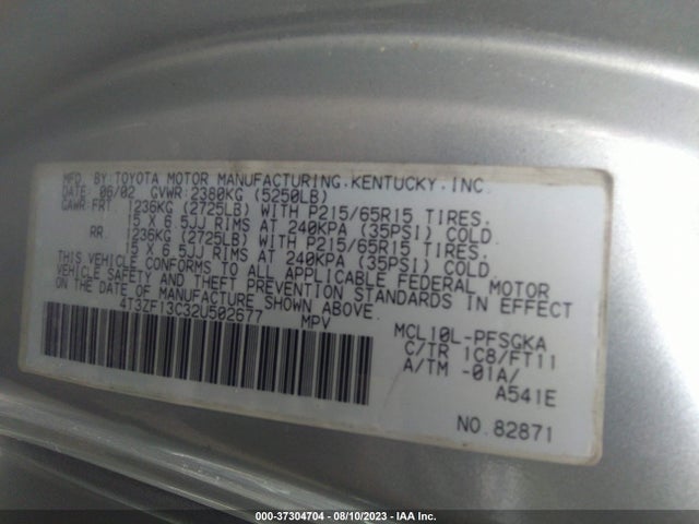 2002 TOYOTA SIENNA LE/XLE VIN: 4T3ZF13C32U502677