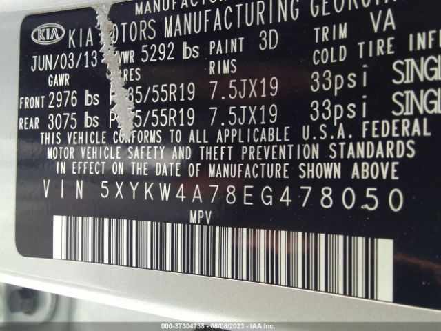 5XYKW4A78EG478050 KIA SORENTO SX