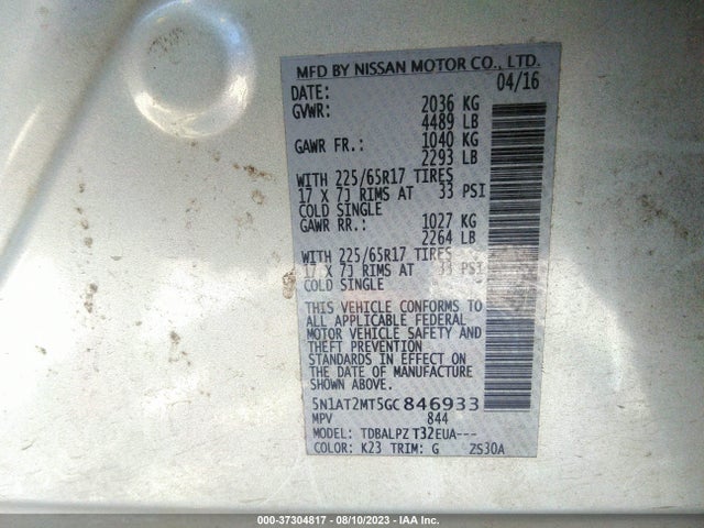 2016 NISSAN ROGUE S VIN: 5N1AT2MT5GC846933