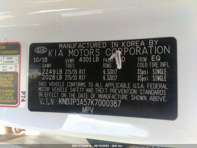 KIA SOUL + 2019 KNDJP3A57K7000387 Image 14