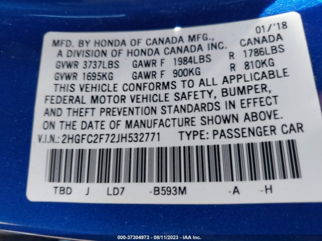 Honda Civic Sedan Ex 2018 2HGFC2F72JH532771 Image 9