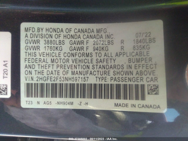 2022 HONDA CIVIC SEDAN SPORT VIN: 2HGFE2F53NH597157
