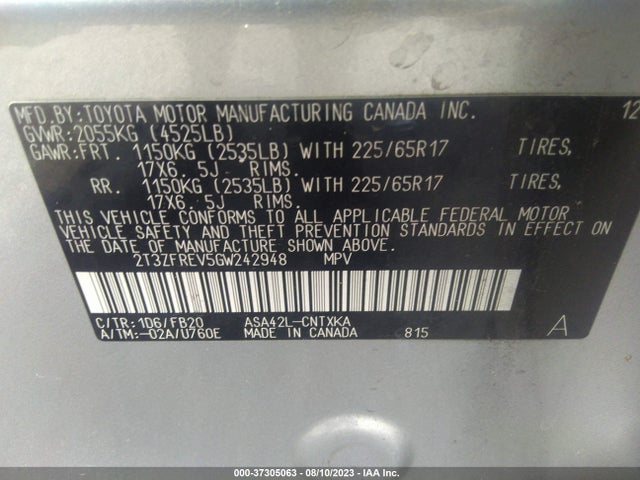 2016 TOYOTA RAV4 LE VIN: 2T3ZFREV5GW242948