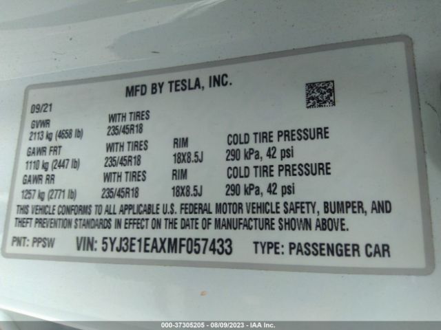5YJ3E1EAXMF057433 Tesla Model 3 Standard Range Plus