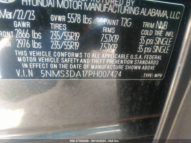 2023 HYUNDAI SANTA FE HYBRID SEL PREMIUM VIN: 5NMS3DA17PH007424