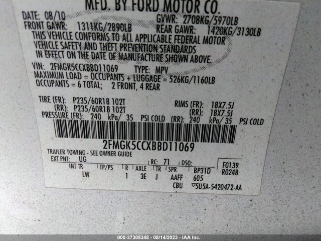 2011 FORD FLEX SEL VIN: 2FMGK5CCXBBD11069