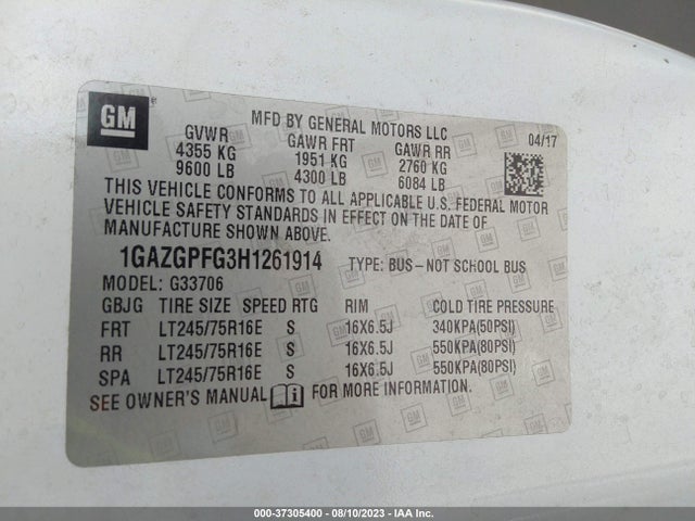 Chevrolet Express Passenger Lt 2017 1GAZGPFG3H1261914 Image 9