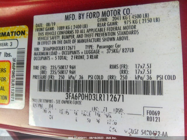 Ford FUSION SE 2020 3FA6P0HD3LR112671 Image 9