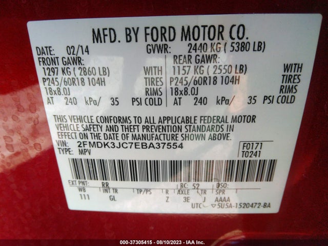 2014 FORD EDGE SEL VIN: 2FMDK3JC7EBA37554
