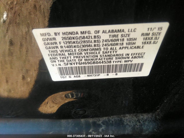 Honda Pilot Ex-l 2016 5FNYF6H69GB044538 Image 9