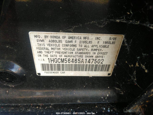 2005 HONDA ACCORD SDN LX VIN: 1HGCM56465A147502